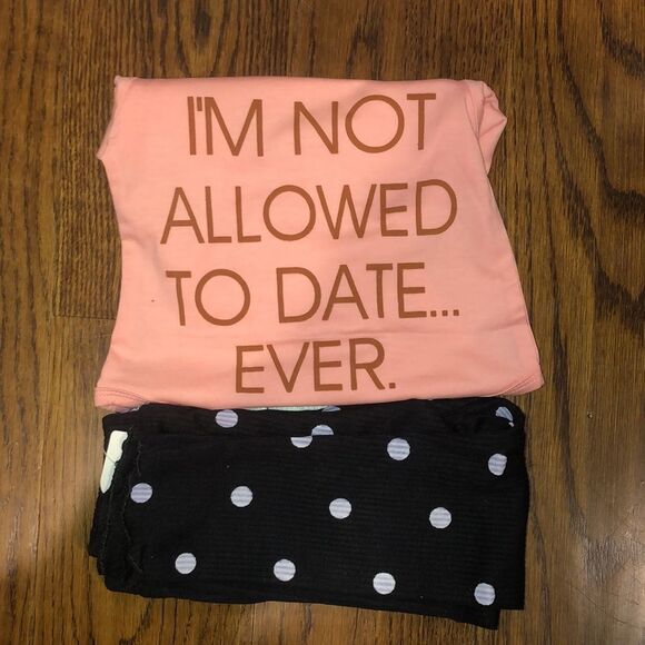 Two Piece Pink and Black with White Polka Pull On Pants With Scalloped Bottoms - Picture 3 of 12